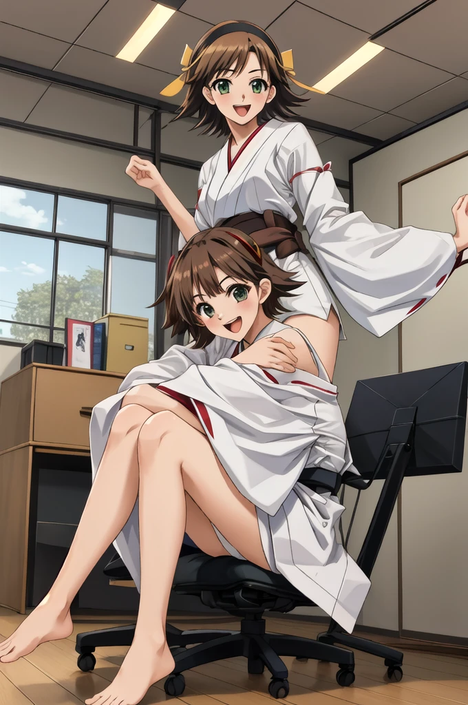 Highest quality, masterpiece, High resolution, ((Perfect hands, Perfect Legs, Perfect Anatomy)), ((一人in)), {Hiei Kai-2_Fleet Collection:1.15}, brown_hair, short_hair, hairband, headgear, Non-traditional_Shrine maiden, smile, green_eye, Inverted up_hair, Open_mouth, (One girl), independent_sleeve, Japanese_Clothes, Looking_in_Audience, ribbon-trimmed_sleeve, ribbon_trim, whole body, , (indoor, office, living room),