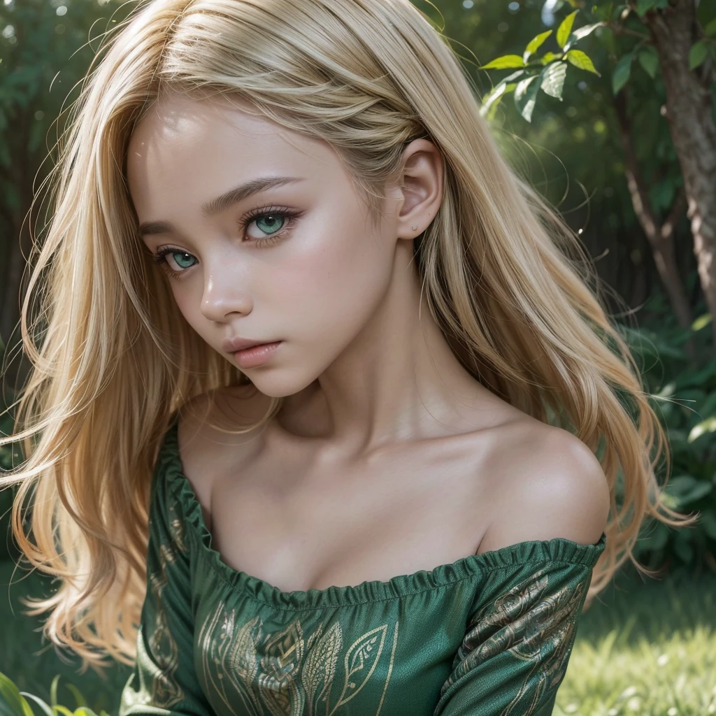(realisitic:1.3), FACE WITH SHADOW, Depth of written limits, ,
Beautiful detailed illustrations,great art,(((very detailled))),
1 black woman of African descent , hair blonde, Crespo, gold eyes, nature fairy green dress
,(((very detailled))),A calm expression and smooth breathing create a calm atmosphere.
,(((very detailled)))
