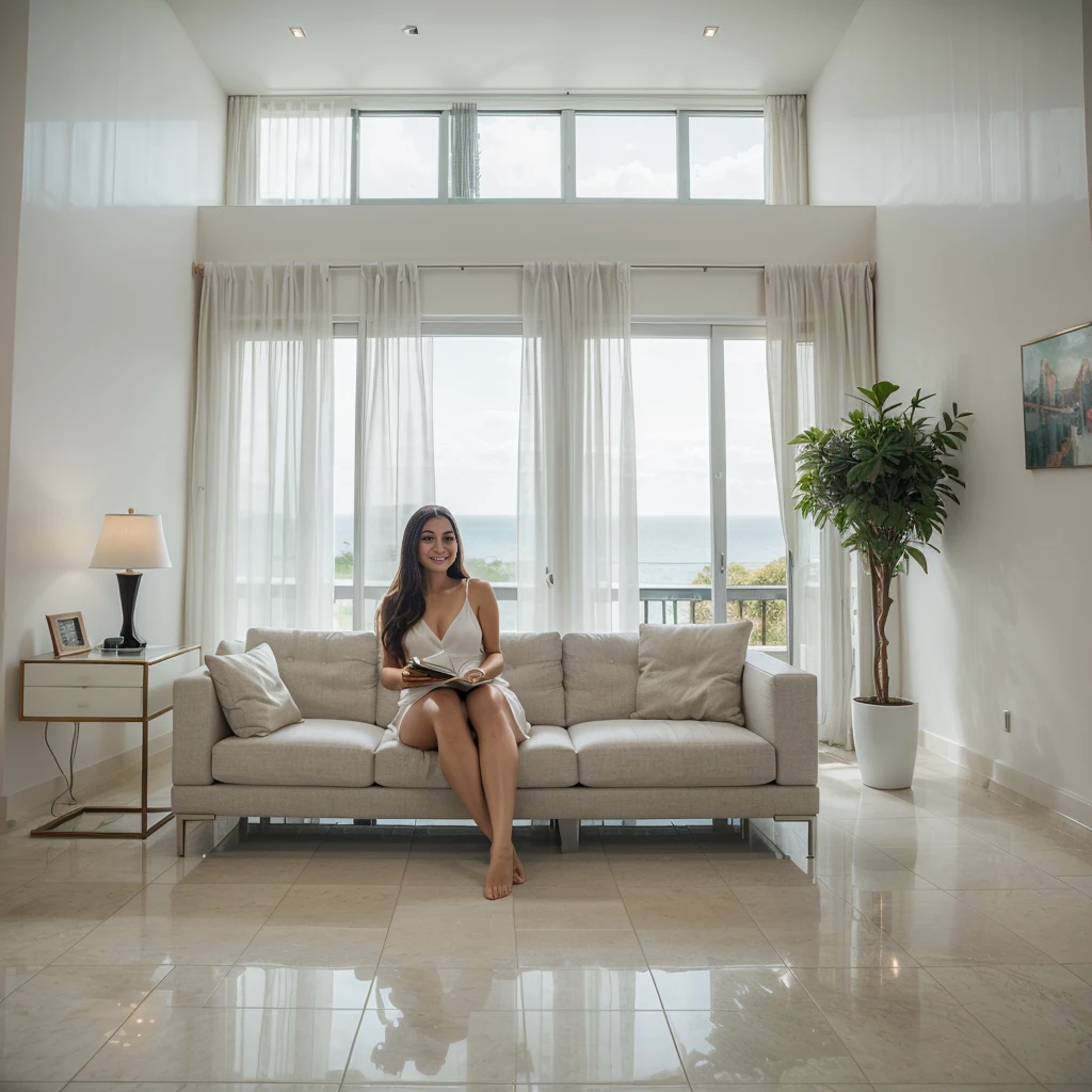 A photorealistic portrait of a 21-year-old Colombian girl with long, flowing dark hair and striking dark eyes. She should have a serene, content expression, illuminated by the soft, natural light streaming through large floor-to-ceiling windows. The background should depict a luxurious, ultra-modern white villa with sleek, minimalist design elements. The detailed surroundings include a spacious open-plan living area with high ceilings, polished marble floors, and contemporary furniture in shades of white and gray. Large glass doors open to a stunning patio with an infinity pool, overlooking a breathtaking ocean view. The interior features elegant decor accents such as abstract art pieces, designer lighting, and lush indoor plants. Lana is sitting on a plush, white sectional sofa, wearing a stylish, comfortable outfit consisting of a light summer dress. She is holding a book in one hand, with her legs gracefully crossed, looking out the window with a peaceful smile. Capture this image with a high-resolution photograph using an 85mm lens to emphasize the elegance and opulence of the luxurious modern villa setting.