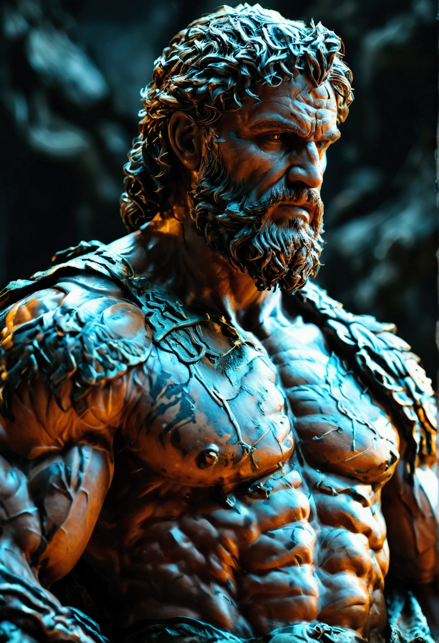 Seneca Stoic Cinematic Statue Hercules Style 4K, with muscles and dark background.