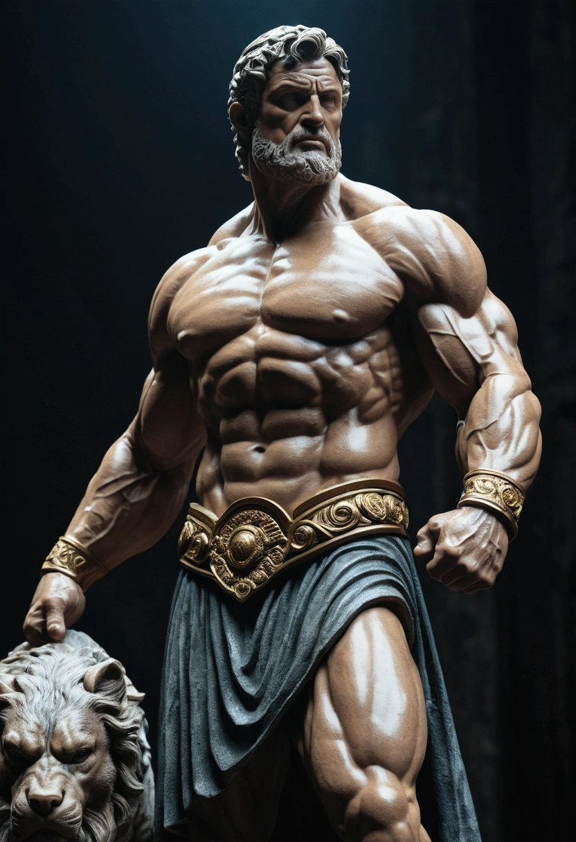 Seneca Stoic Cinematic Statue Hercules Style 4K, with muscles and dark background.