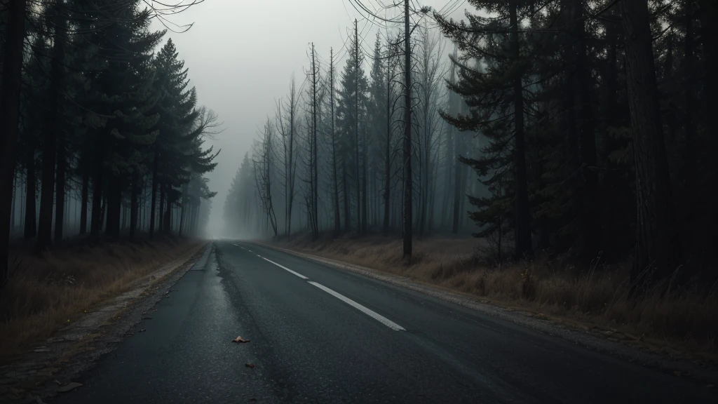 "A deserted, eerie road at night, shrouded in a thick fog. The lighting is dim and mysterious, with old, rusty streetlights casting long, distorted shadows. The road is lined with tall, gnarled trees whose silhouettes seem to form menacing figures in the darkness. The asphalt is cracked and covered in dry leaves, giving a sense of abandonment and decay. In the distance, the road disappears into the darkness, suggesting the unknown and danger ahead. The atmosphere should convey an intense feeling of fear and apprehension, as if something is lurking in the shadows, ready to emerge.