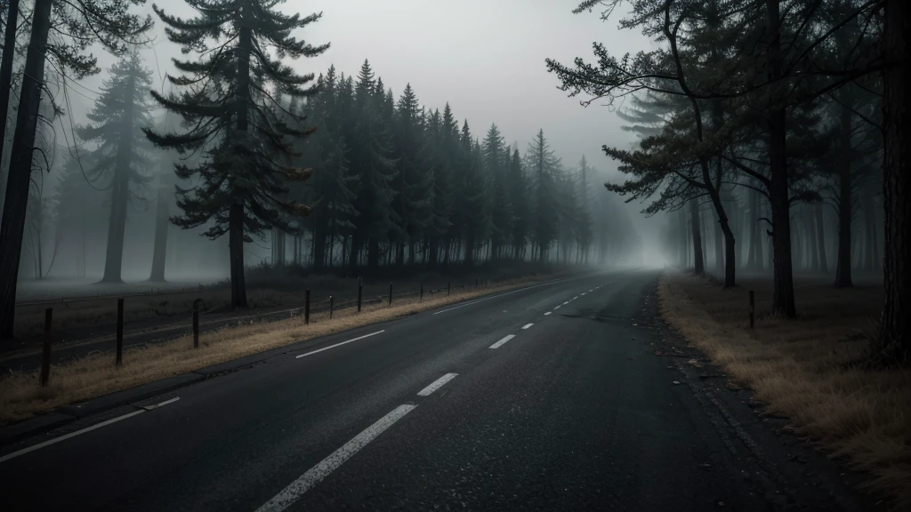 "A deserted, eerie road at night, shrouded in a thick fog. The lighting is dim and mysterious, with old, rusty streetlights casting long, distorted shadows. The road is lined with tall, gnarled trees whose silhouettes seem to form menacing figures in the darkness. The asphalt is cracked and covered in dry leaves, giving a sense of abandonment and decay. In the distance, the road disappears into the darkness, suggesting the unknown and danger ahead. The atmosphere should convey an intense feeling of fear and apprehension, as if something is lurking in the shadows, ready to emerge.
