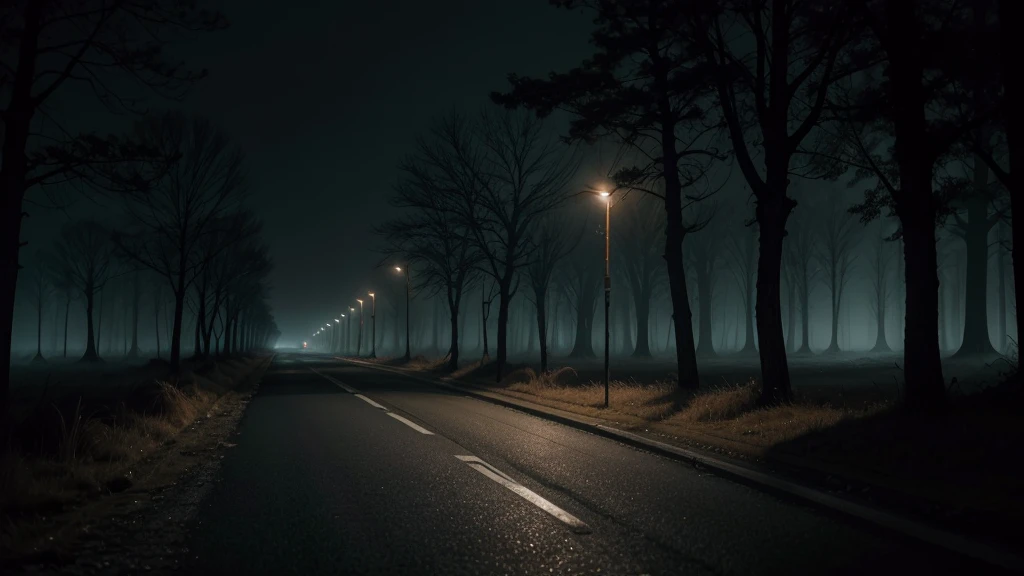 "A deserted, eerie road at night, shrouded in a thick fog. The lighting is dim and mysterious, with old, rusty streetlights casting long, distorted shadows. The road is lined with tall, gnarled trees whose silhouettes seem to form menacing figures in the darkness. The asphalt is cracked and covered in dry leaves, giving a sense of abandonment and decay. In the distance, the road disappears into the darkness, suggesting the unknown and danger ahead. The atmosphere should convey an intense feeling of fear and apprehension, as if something is lurking in the shadows, ready to emerge.