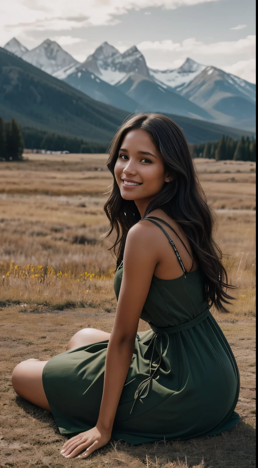 Foto hiperrealista en primer plano de Kelsey Asbille (native American ((light dark skin))), masterpiece, best quality, (photorealistic:1.4), full body,  (dark green on straps church dress:1.2)), on the ranch, grey day, Montana mountains in the background, cinematic light, beautiful woman, skinny, large big breasts, black long hair, detailed face, smile, facing the camera, photo taken from a distance, age of 25 years old, camera filter on pastel gray colors,, grey filter on camera, siting on the ground 