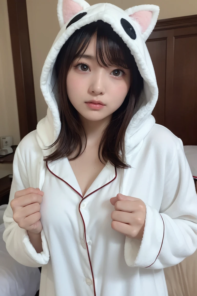 one girl, (a beauty girl, delicate girl:1.3), (Age 25:1.3),
break, (White fluffy kigurumi pajamas, Cat costume:1.2), (Upper Body:1.2),
break, Definition of very fine particles, (Symmetrical eyes:1.3),
break, (Bedroom:1.3), 
break, Small breasts, Brown eyes, Parted bangs, Brown Hair,  girl,
break, (Eye and facial details:1.0),
break, (masterpiece, Highest quality, Very detailed, Detailed face, 8K)、Upper Bodyは裸、Nipples sticking out