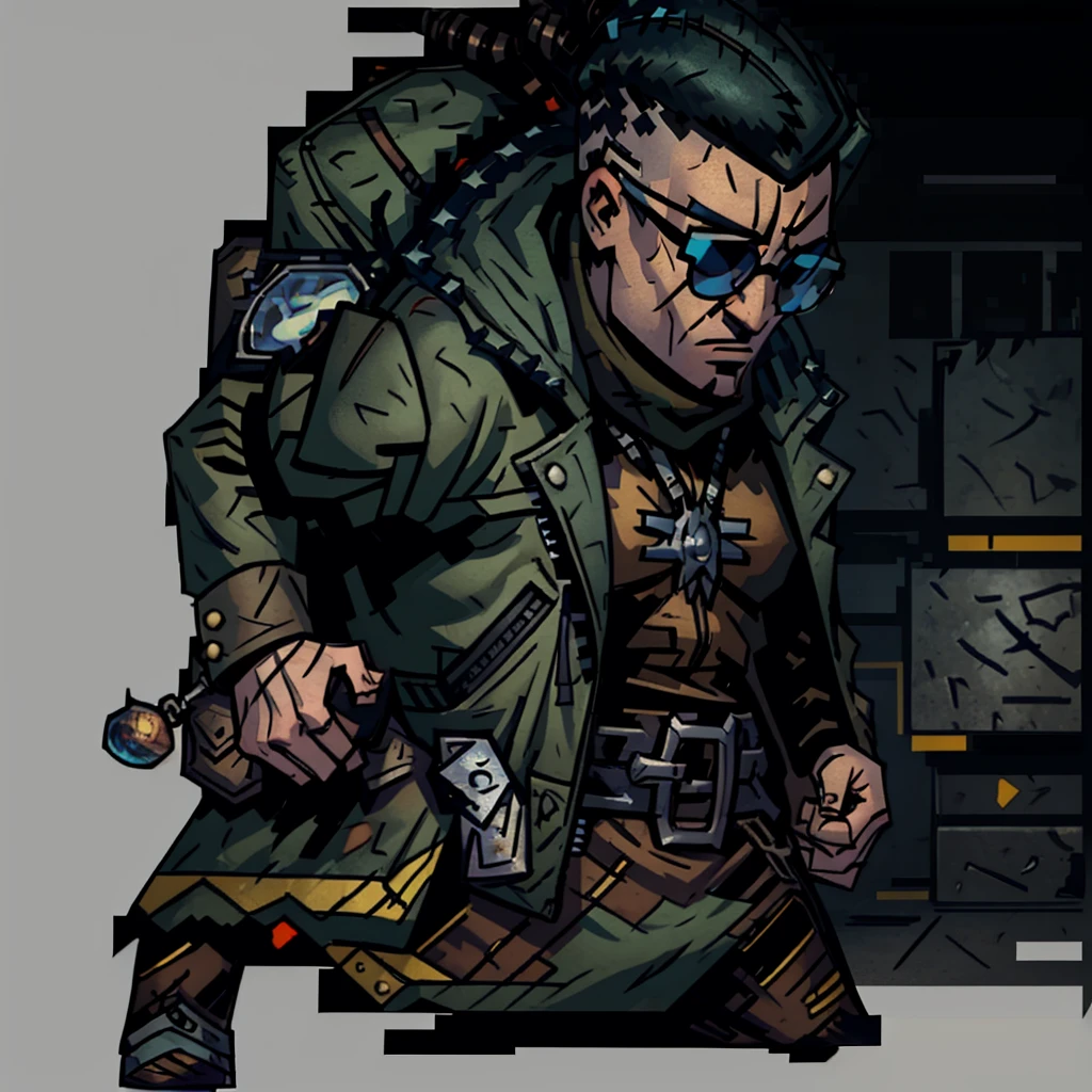 a close-up of a person wearing a jacket and glasses, main character, unknown art style, 2d actor, cyberpunk street thug, darksynth character portrait, looking very cool and stylish, a nervous teenage assassin, full character, 2D rendering, full body character, the character's name is chad, heavily stylized