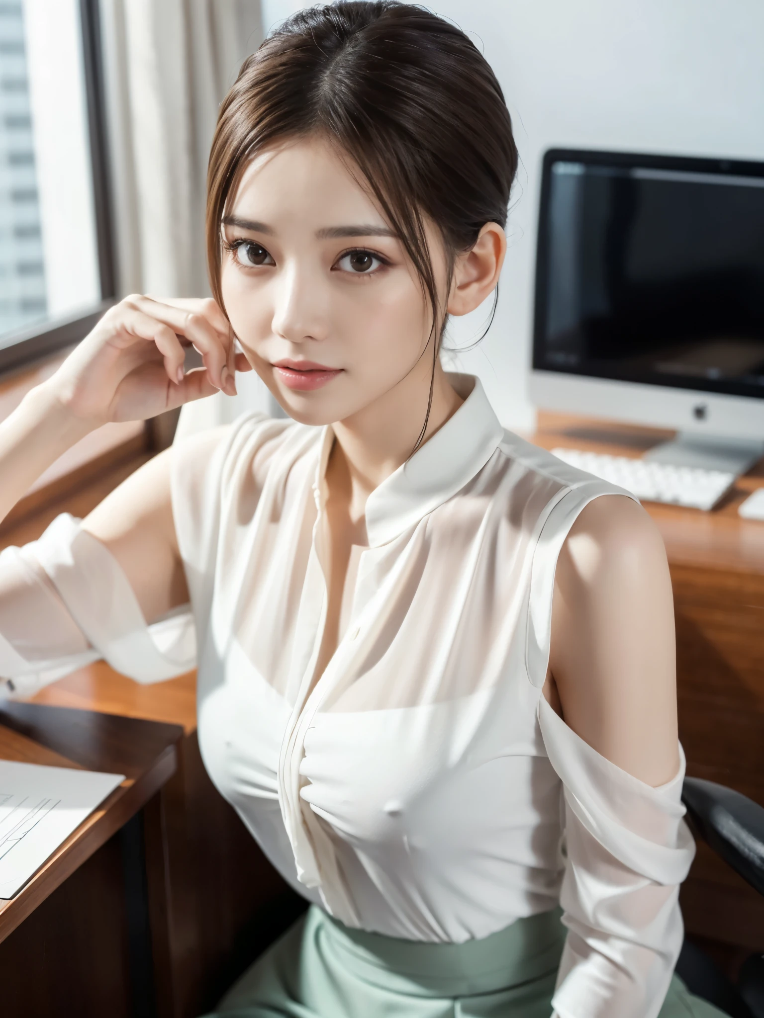 Elegant office lady in a revealing white blouse, Beautiful attention to detail, Beautiful lip detail, Highly detailed eyes and face, Long eyelashes, Slender body, Thin face, Delicate features, Perfect porcelain skin, Shining Sweat, Ultra-thin needle, Very thin fingers, The optimal ratio is four fingers to one thumb, Realistic, See-through white blouse, Office Environment, First Person View, debtuji debtilm, debt/1.2, 8K, masterpiece, んdebtdebt, Super detailed, high quality, 最high quality, High resolution, 
