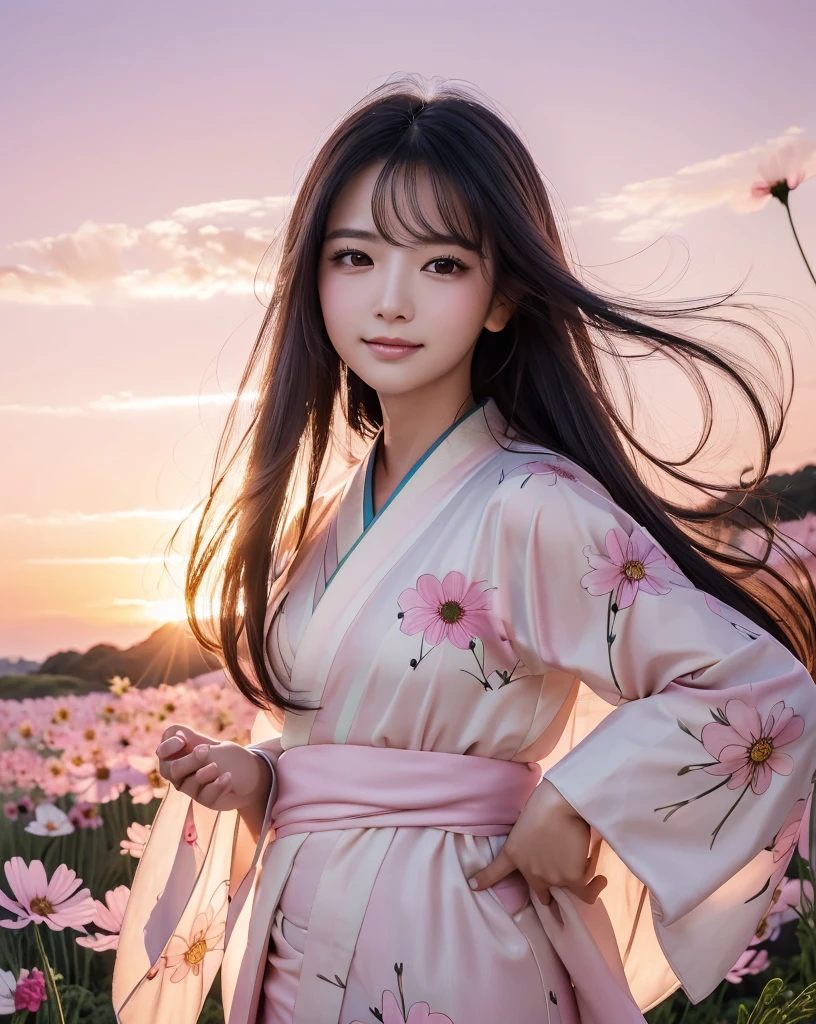 (Highest quality), (32k), (High resolution:1.5), (Masterpiece:1.5), marimo_jet, ((Face Focus:1.3)), Beautiful face in every detail, god々A photograph with brilliant dazzling and healing power., Evoking a sense of calm and elusive beauty, Expressing emotions, Have a rich imagination, A flower field that stretches to the horizon, Nostalgic scenery of youth, Beautiful Japanese Girls, An exceptionally beautiful face, Small Face Beauty, Perfect Human Anatomy, Magical big eyes, Motherhood and generosity, Deep Love, fleeting smile, Shiny black hair, Beautiful long hair swaying in the wind, Asymmetrical bangs, Hair between the eyes, Transparent, soft white skin, Sharp eyebrows, Thin lashes, Natural Makeup, Cheek highlighter, Pale pink detailed lips, (Flower pattern kimono:1.4), ((Cosmos fields stretching to the horizon:1.3)), ((Pink Sky:1.3)), Beautifully detailed skies, ((Shining in the morning sunlight)), Professional photographer, Professional Lighting, Professional models, god秘的