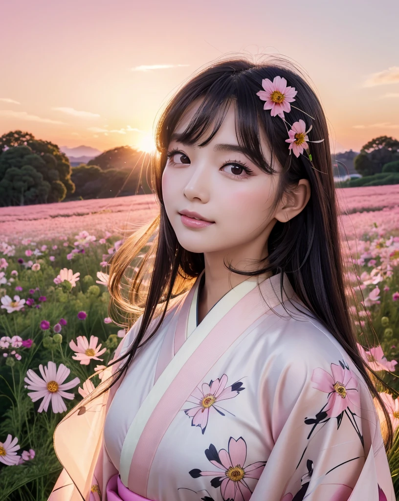 (Highest quality), (32k), (High resolution:1.5), (Masterpiece:1.5), marimo_jet, ((Face Focus:1.3)), Beautiful face in every detail, god々A photograph with brilliant dazzling and healing power., Evoking a sense of calm and elusive beauty, Expressing emotions, Have a rich imagination, A flower field that stretches to the horizon, Nostalgic scenery of youth, Beautiful Japanese Girls, An exceptionally beautiful face, Small Face Beauty, Perfect Human Anatomy, Magical big eyes, Motherhood and generosity, Deep Love, fleeting smile, Shiny black hair, Beautiful long hair swaying in the wind, Asymmetrical bangs, Hair between the eyes, Transparent, soft white skin, Sharp eyebrows, Thin lashes, Natural Makeup, Cheek highlighter, Pale pink detailed lips, (Flower pattern kimono:1.4), ((Cosmos fields stretching to the horizon:1.3)), ((Pink Sky:1.3)), Beautifully detailed skies, ((Shining in the morning sunlight)), Professional photographer, Professional Lighting, Professional models, god秘的