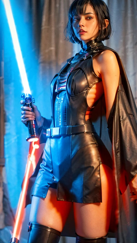 20 years old girl, short bob cut black hair, bang, evil grin, pale skin, sith lord from star wars, wearing dark armor, black cape, holding a red lightsaber, modelling pose, cowboy shot, Ultra high res, uhd, (photorealistic:1.4), lighting from below