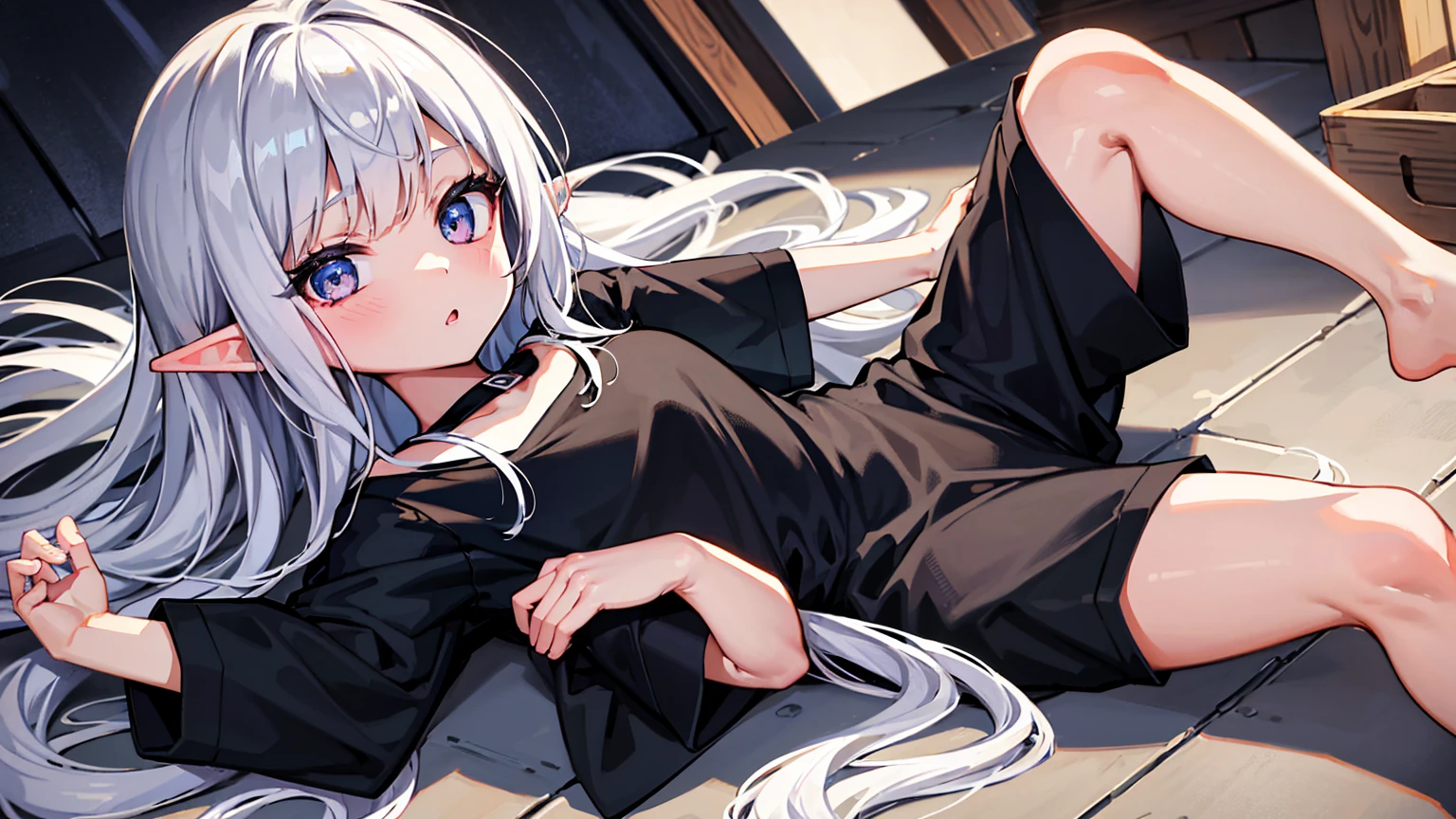 Elf Girl、8-year-old、Medium-long silver hair、Silver Eyes、Just a big black T-shirt、Short sleeves、Other than that, I don't wear anything else、She's not even wearing bottoms、barefoot、Seductive expression、whole body、Standing posture