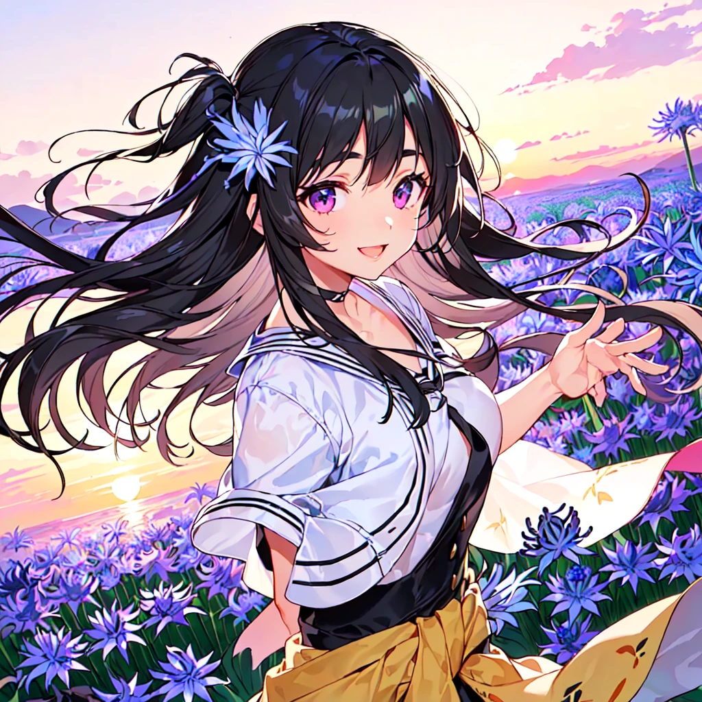 masterpiece, best quality, high quality, extremely detailed, very delicate and beautiful, (1 female 18 years old solo:1.5), (long black hair up to waist with two side up:1.5), bangs to eyebrows, eyes Eyebrows glossy, (eye color magenta:1.3), 6.5 head height, (agapanthus flower print summer fashion:1.3), knee socks, lace, frills, (smiling), (running:1.3), (smiling), (dynamic pose), (background agapanthus flower field:1.3), (sunset:1.3), (upper body:1.3)