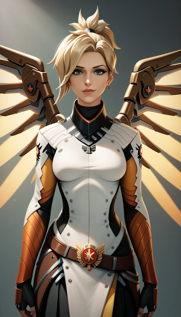 Highest quality, masterpiece, Eye Reflexes, Highest quality, masterpiece, mercy Eye Reflexes, alone, A perfectly sculpted body, blonde,Overwatch Mercy Style Hairstyle, Green Eyes, Two arms, Tomb Raider style neckline clothing, Practical belt, alone, command room, 8K, masterpiece, High resolution, Absurd, Natural volumetric lighting and great shadows, The depth of the written world, Sharp focus, Mischievous face, very delicious, Medium chest, Warhammer 40K elements, Ultra-detailed landscapes, goddess