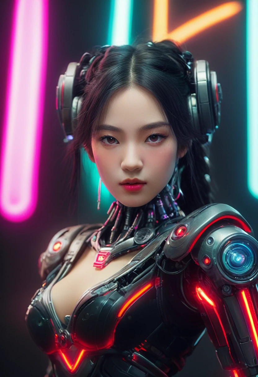 xxmixgirl. Highly detailed professional 35mm film, bokeh, face in sharp focus. A robotic female, Miku, with ((metal skin)), ((perfect Asian eyes)) with magenta irises and ((black pupils)), beautiful serious (detailed face), 18 year old ((photorealistic face)), very long magenta twin tails of magenta hair, twin black hair ties with a single red stripe. She may have a black audio headpiece. We can see her ((full body)) down to her boot soles. Her outfit is a sleeveless collared light grey shirt, outlined in red around the frilled collar and hems. Shiny reflective ((metallic breast cups, dimpleless)), invisible nipples. She wears black sleeves with red hems that start around her upper arm and bellow out as the sleeves open and extend to her wrists, with wide trumpet red rimmed cuffs. She has perfect robotic (detailed hands). She wears a red colored tie with two horizontal solid parallel black lines halfway across. She wears a fabric black skirt with a horizontal red hem at the bottom all the way around; her (((black skirt wraps around her))) and ((her skirt completely covers)) her robotic waist and thighs. Tall black boots with red bottom soles, a red rim around the top at her thighs. Her mechanical shoulder joints are visible. We can see her robotic legs and robotic neck. Half of her is covered with shiny polished machinery. The background is a distant dark neon futuristic Japanese city, gold, cyan, violet neon, near harbor or mountains.
