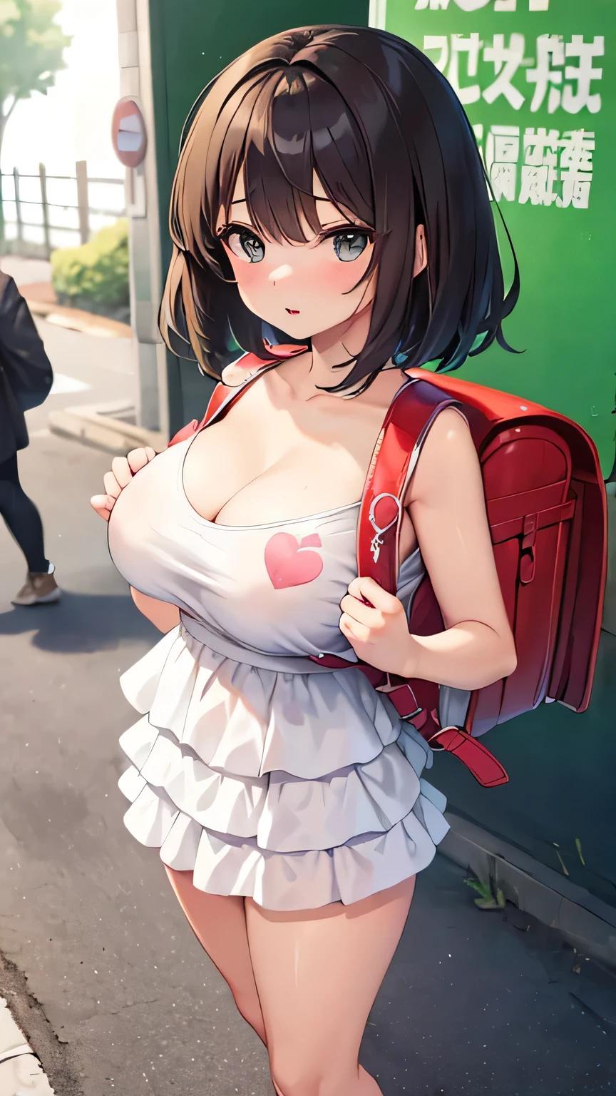((Best Quality, 8k, Masterpiece: 1.3)), Focus: 1.2, Perfect Body Beauty: 1.4, Buttocks: 1.2, ((Layered Haircut, Big Breasts: 1.2)), (Street:1.3), Bandeau Dress: 1.1, Highly Detailed Face and Skin Texture, Fine Eyes, Double Eyelids, Whitened Skin, Long Hair, (Shut Up: 1.3), Full Body, wearing randoseru backpack, (randoseru backpack:1.2), NFSW, (((showing breast, exposed breast))), (((nipple))), nude, sexy, lewd, ((())), cleavage