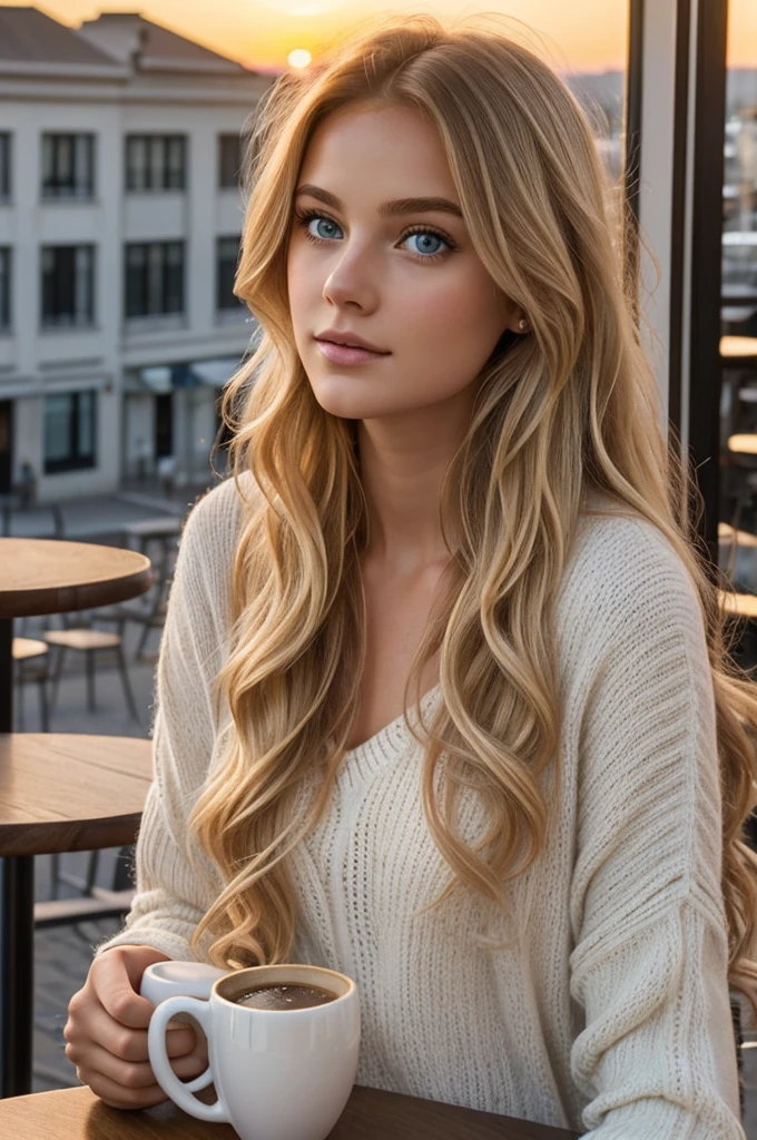 belle blonde portant un pull rose (Drinking coffee in a modern cafe at sunset), very detailed, 21 ans, visage innocent, natural wavy hair, blue eye, high resolution, Oeuvre d&#39;art, best quality, intricate details, very detailed, sharpness, detailed skin, realistic skin texture, texture, detailed eyes, professionnel, 4K, charming smile, shot in Canon, 85mm, shallow depth of field,  Kodak Vision Color, corps de forme parfaite, extremely detailed, Photo_\(ultra\), photorealistic, realistic, Post-traitement, maximum detail, roughness, real life, ultra realistic, Photorrealismo, photography, 8k hd, photography