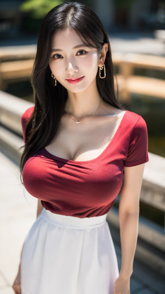 1 girl, ((8k, raw, masterpiece: 1.4)), (Professional photography, sharp:1.2), ((half body photoshoot)), Perfect dynamic composition, (Natural sun light), (soft shadow), (Perfect body:1.4, slim abs:1.2), (gigantic round breasts:1.6), (((black medium hair))), Ultra-detailed faces and skin, perfect asian, White skin, (Delicate skin:1.4), (latex skin:0.4), (perfect glowing skin:0.6), light brown eyes, beautiful eyes, round eyes, pretty face, blush, glossy lips, high nose bridge, glossy eyes, Perfectly proportioned face, Really moist skin, Refined expression, Smile gently at the camera, looking at camera, Refined expression, Elegant necklace, Elegant earrings, minimalist, ((wear red shirtdress))