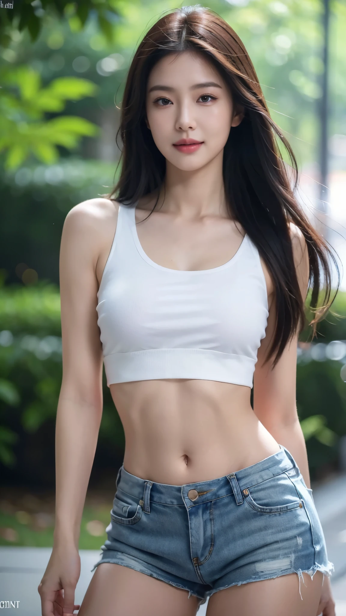 8K, masterpiece, raw photo, best quality, realistic, extremely detailed CG unity 8K wallpaper, depth of field, cinematic light, lens flare, ray tracing, (very beautiful face, beautiful lips, beautiful eyes), Face with intricate details, ((highly detailed skin)), best quality, masterpiece, ultra high resolution, (realistic photo:1.5), Original image, 1 woman, crop top, shorts, smooth, long legs, sexy look, pretty ,Smile faintly, long hair, long shot,model pose, big bust, divided, six pack abs, Morning in the city park.