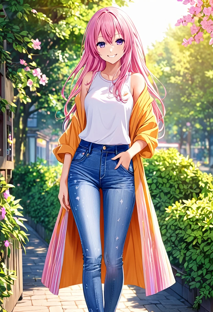 Megurine Luka smile casual clothes jeans colorful morning peace