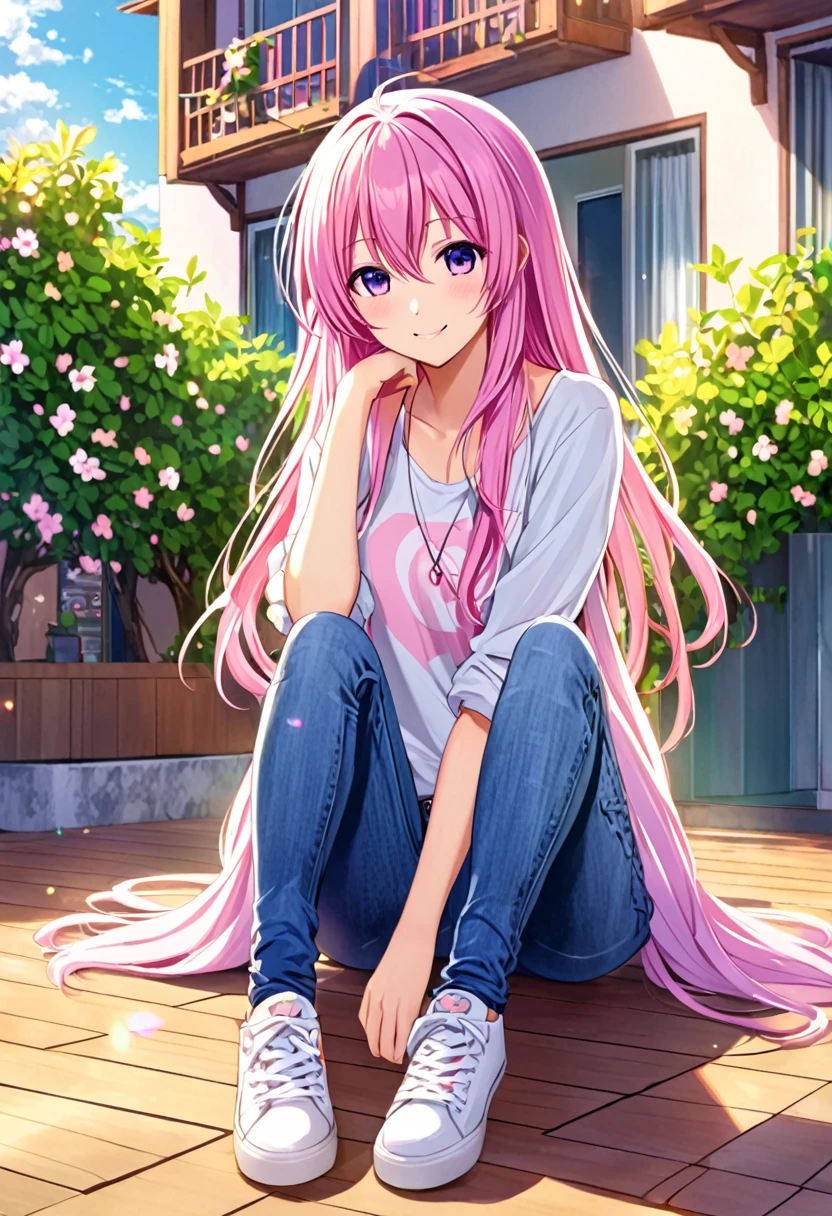 Megurine Luka smile casual clothes jeans colorful morning peace