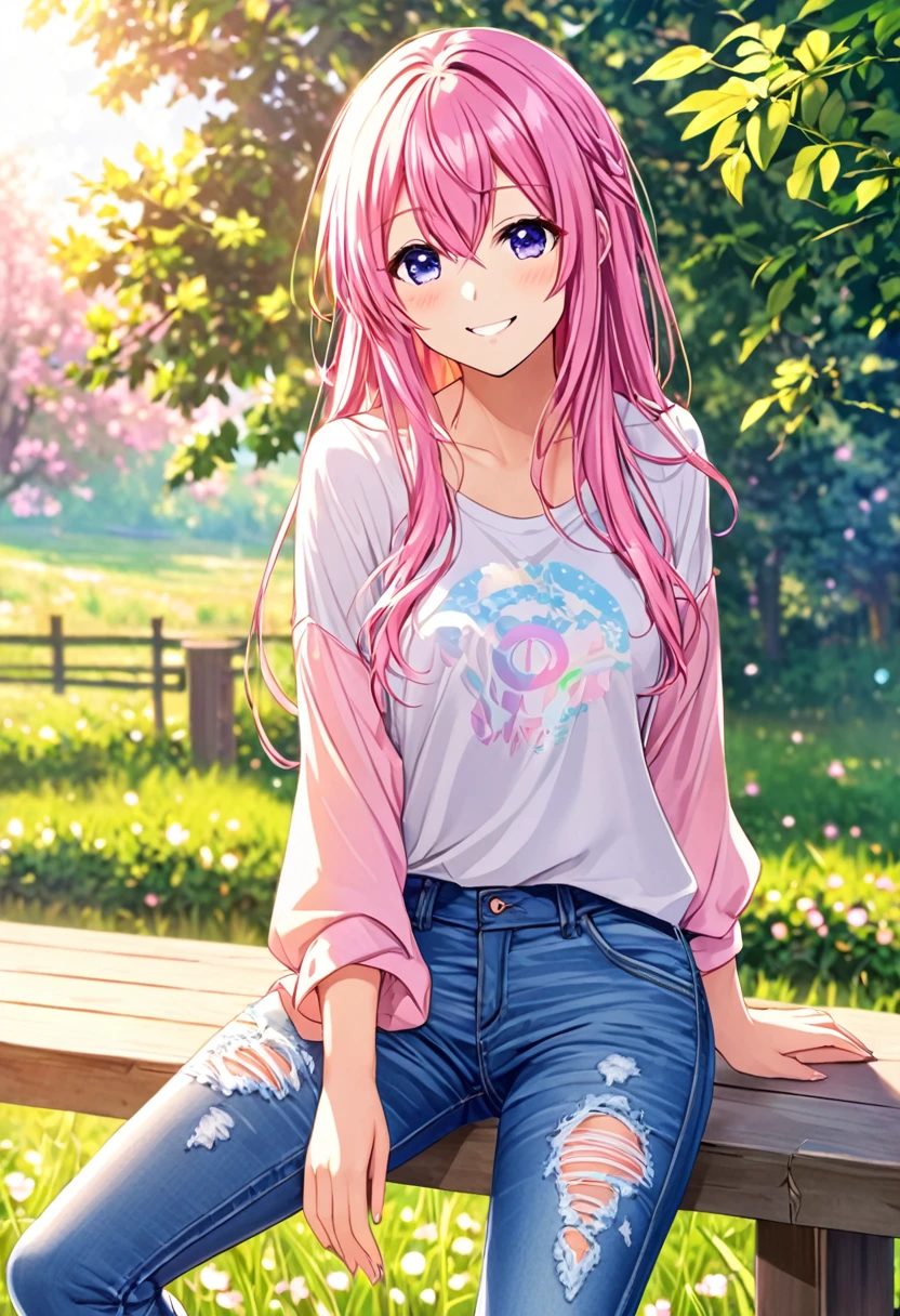 Megurine Luka smile casual clothes jeans colorful morning peace