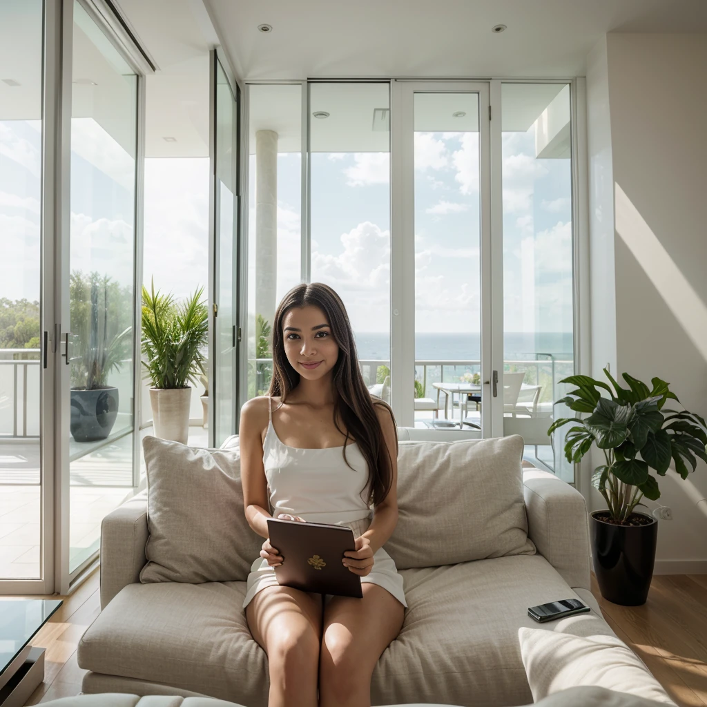 A photorealistic portrait of a 21-year-old Colombian girl with long, flowing dark hair and striking dark eyes. She should have a serene, content expression, illuminated by the soft, natural light streaming through large floor-to-ceiling windows. The background should depict a luxurious, ultra-modern white villa with sleek, minimalist design elements. The detailed surroundings include a spacious open-plan living area with high ceilings, polished marble floors, and contemporary furniture in shades of white and gray. Large glass doors open to a stunning patio with an infinity pool, overlooking a breathtaking ocean view. The interior features elegant decor accents such as abstract art pieces, designer lighting, and lush indoor plants. Lana is sitting on a plush, white sectional sofa, wearing a stylish, comfortable outfit consisting of a light summer dress. She is holding a book in one hand, with her legs gracefully crossed, looking out the window with a peaceful smile. Capture this image with a high-resolution photograph using an 85mm lens to emphasize the elegance and opulence of the luxurious modern villa setting.