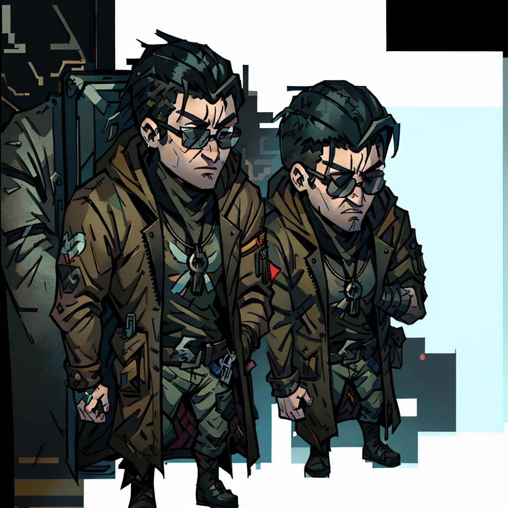 a close-up of a person wearing a jacket and glasses, main character, unknown art style, 2d actor, cyberpunk street thug, darksynth character portrait, looking very cool and stylish, a nervous teenage assassin, full character, 2D rendering, full body character, the character's name is chad, heavily stylized