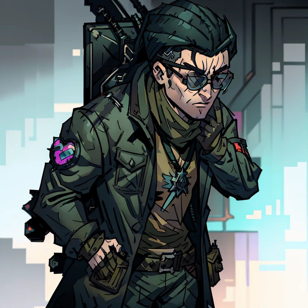 a close-up of a person wearing a jacket and glasses, main character, unknown art style, 2d actor, cyberpunk street thug, darksynth character portrait, looking very cool and stylish, a nervous teenage assassin, full character, 2D rendering, full body character, the character's name is chad, heavily stylized