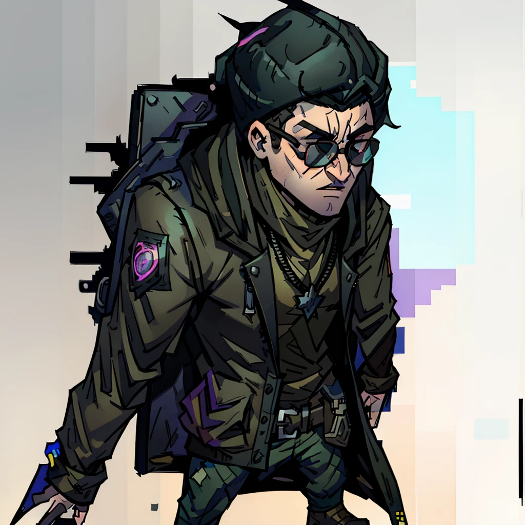 a close-up of a person wearing a jacket and glasses, main character, unknown art style, 2d actor, cyberpunk street thug, darksynth character portrait, looking very cool and stylish, a nervous teenage assassin, full character, 2D rendering, full body character, the character's name is chad, heavily stylized