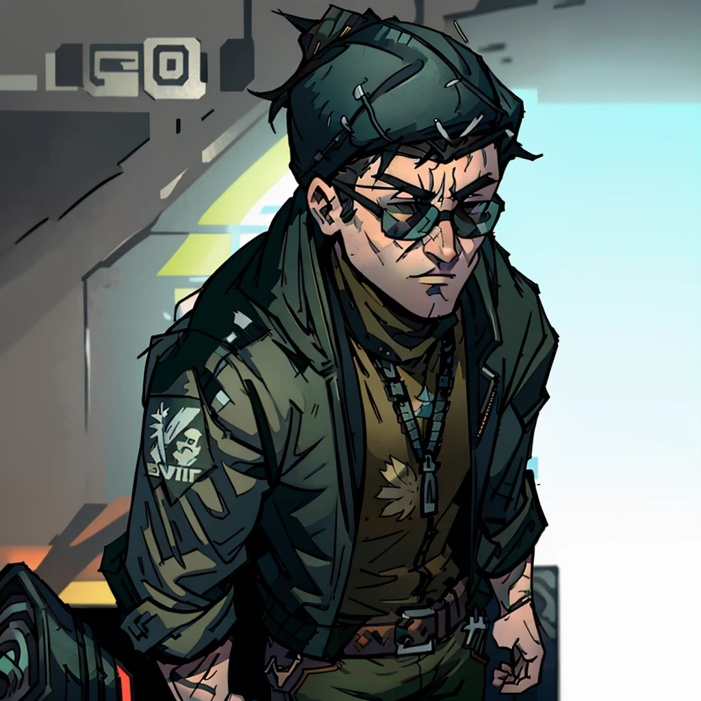 a close-up of a person wearing a jacket and glasses, main character, unknown art style, 2d actor, cyberpunk street thug, darksynth character portrait, looking very cool and stylish, a nervous age assassin, full character, 2D rendering, full body character, the character's name is chad, heavily stylized