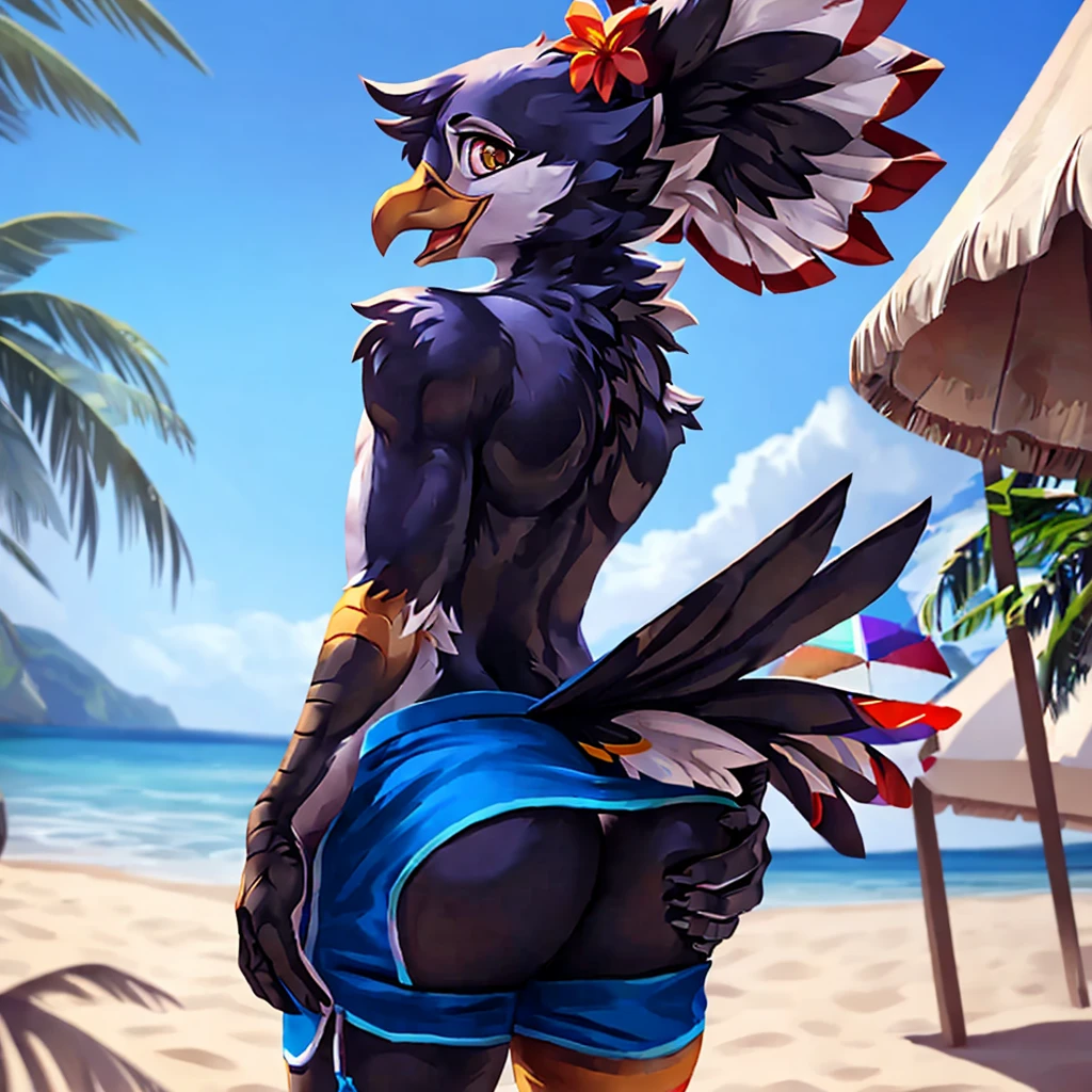 ,4k, 8k, raytracing, photorealistic, realistic, shaded, extreme detail quadruped, detail, detailed, extreme detail, 8k, real, realistic, crisp, sharp, high quality, shadows, raytracing, volumetric light, bloom by nurinaki, beach, (solo), girly, femboy, male, tail up, tailfeathers, feminine body, rear view, presenting butt, twink, thights, grabbing butt, spreading cheeks, surprised, horny, white eagle, avian, bird, orange beak, brown eyes, masterpiece, best quality, beautiful eyes, looking at viewer, swimtrunks, topless,