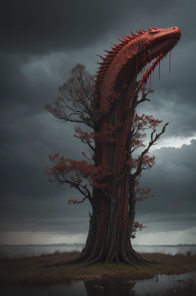 A red serpent knew, wrapped around a tree in a swamp, dark and cloudy skies with mystical elements, Dark fantasy 