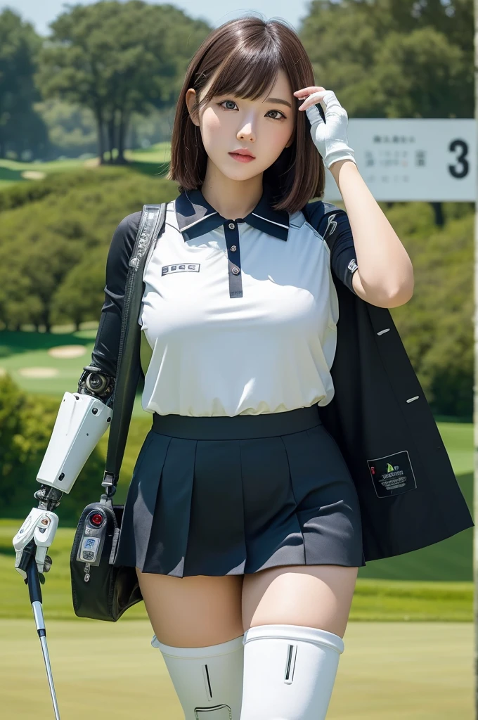 masterpiece, best quality, extremely detailed, Japanese android girl,Plump ,control panels,robot arms,robot,android,cyborg,white robot body,ceramic body,perfect robotgirl,blunt bangs,golfer,golf wear,skirt,blue eyes