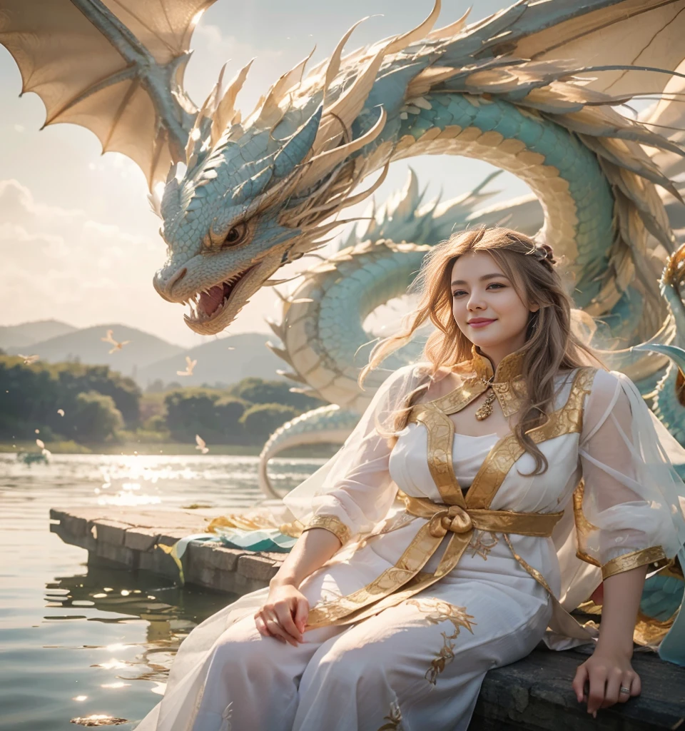 Dragons in Chinese mythology,(Portrait of an angel and a dragon god:1.3,)(Sheer and revealing white fluffy outfit:1.3, ),(Angel with glass wings floating above lake:1.3), (A glass dragon protects angels from behind:1.3),shiny light brown and white striped hair,,,Cute smile,Perfect round face,A cheerful smile that makes the viewer happy,Proper body proportion,masutepiece,Super high-quality output images,hight resolution,Intricate details,Hair fluttering in a very delicate and beautiful wind,white hair,photos realistic,Dreamy,Professional Lighting,realistic shadow,Beautiful hands,Beautiful fingers,Detailed finger features,detailed clothes features,Detailed hair features,detailed facial features,