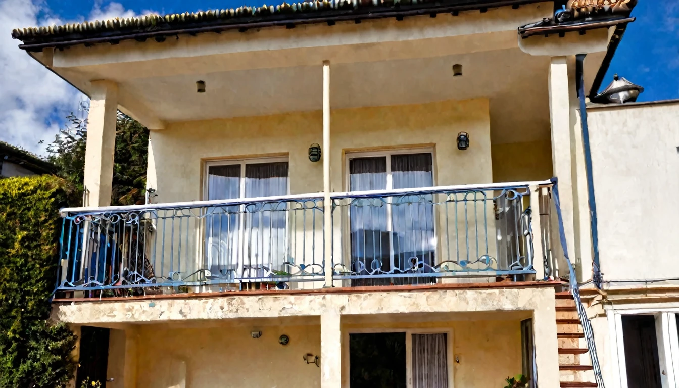 front of the house with balcony, daytime, no people in the place