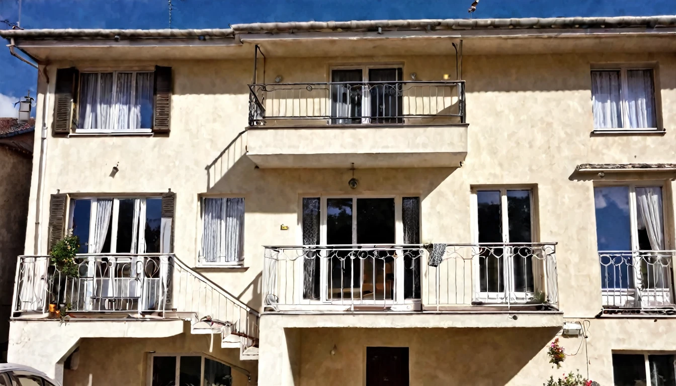front of the house with balcony, daytime, no people in the place