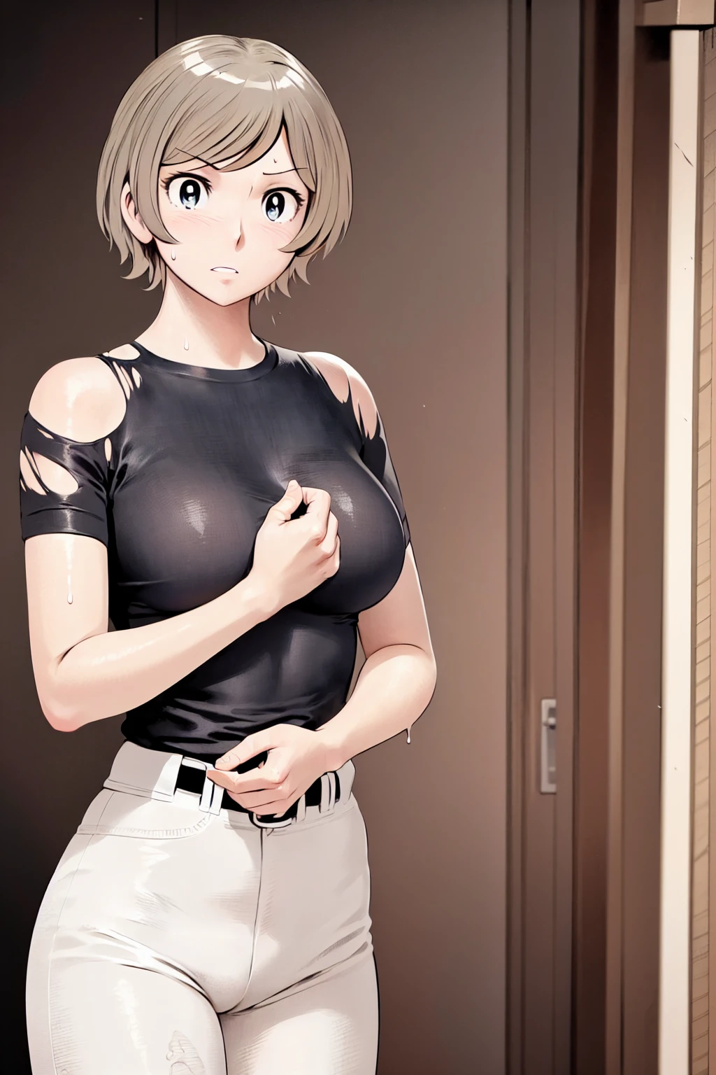 (野球uniform:1.2),
blonde, (short hair:1.2),Long sleeve, Black Shirt, turtleneck,White trousers、uniform、Black belt、((Illustration of a person))、big 、Muddy、Soil stains、ドロドロのuniform、
View your audience,, (Highest quality:1.3),One Girl, White pants、uniform、Outdoor、baseball ground、ground、soil、blue eyes、Tight black shirt、(masterpiece、Highest quality)、Highest quality, Ultra-high resolution, (((masterpiece))), alone, Sweat、big eyes、big Breasts、Torn clothes、 Fully exposed、Nipples、One Girl, Front view、Embarrassed face、Bronze colored hair、((short hair))、Stand up straight、Cowboy Shot