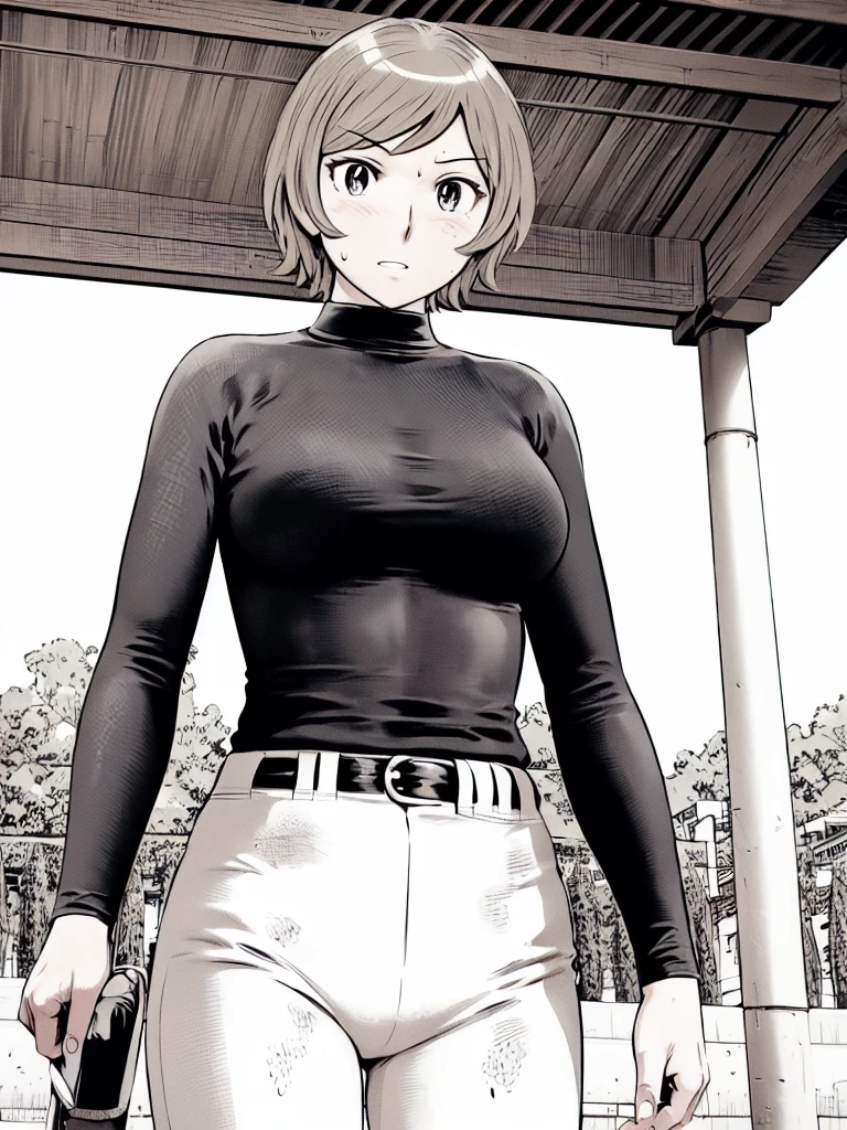 (野球uniform:1.2),
blonde, (short hair:1.2),Long sleeve, Black Shirt, turtleneck,White trousers、uniform、Black belt、((Illustration of a person))、big 、Muddy、Soil stains、ドロドロのuniform、
View your audience,, (Highest quality:1.3),One Girl, White pants、uniform、Outdoor、baseball ground、ground、soil、blue eyes、Tight black shirt、(masterpiece、Highest quality)、Highest quality, Ultra-high resolution, (((masterpiece))), alone, Sweat、big eyes、big Breasts、Torn clothes、 Fully exposed、Nipples、One Girl, Front view、Embarrassed face、Bronze colored hair、((short hair))、Stand up straight、Cowboy Shot