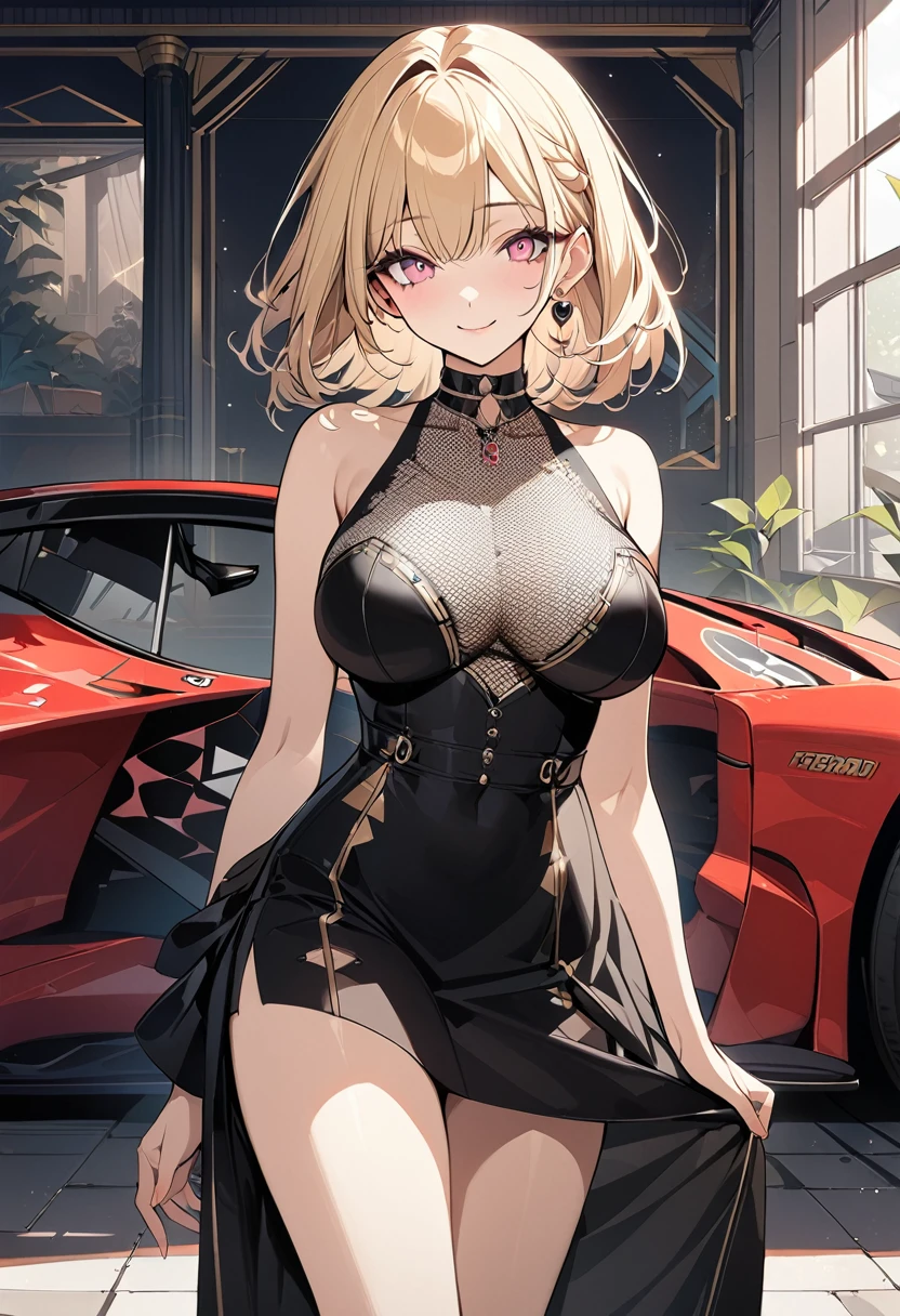 1 girl, blonde bob hair, heart shaped eyes, ♡, big breasts, lace queen, {girl with blonde bob hair named nao}, (Pink eye color), {Ferrari race car}, (smile), bright background , mole under eye, Star-shaped choker, (masterpiece, highest quality), very detailed, highest quality, official art, beautiful and aesthetic: 1.2), (1 girl), very detailed, (geometry art: 1.3), colorful, most detailed ,(garden,beautiful flower々), (masterpiece, highest quality), official art, beautiful and aesthetic: 1.2), (1 girl), very detailed, (geometry art: 1.3), colorful