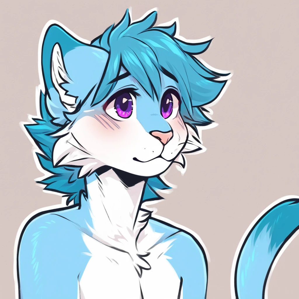 adult, feline, mammal, anthro, anthropomorphic, cat, striped, fur, striped_feline, fur, furred_anthro, femboy, male, cerulean_hair, fluffy, ears, azure_blue_ears, purple_eyes, cerulean_hair, expressive eyes, feline_ears, azure_blue_fur, light_blue_chest, shy, small_pupils, digital_art, high_resolution, high_res, hand-drawn, pencil_lines, head_visible, neck_visible, white_outline, detailed_line_work, profile_picture, head_visible