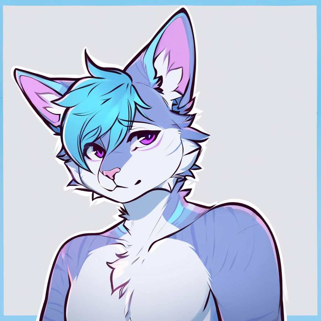 adult, feline, mammal, anthro, anthropomorphic, cat, striped, fur, striped_feline, fur, furred_anthro, femboy, male, cerulean_hair, fluffy, ears, azure_blue_ears, purple_eyes, cerulean_hair, expressive eyes, feline_ears, azure_blue_fur, light_blue_chest, shy, small_pupils, digital_art, high_resolution, high_res, hand-drawn, pencil_lines, head_visible, neck_visible, white_outline, detailed_line_work, profile_picture, head_visible