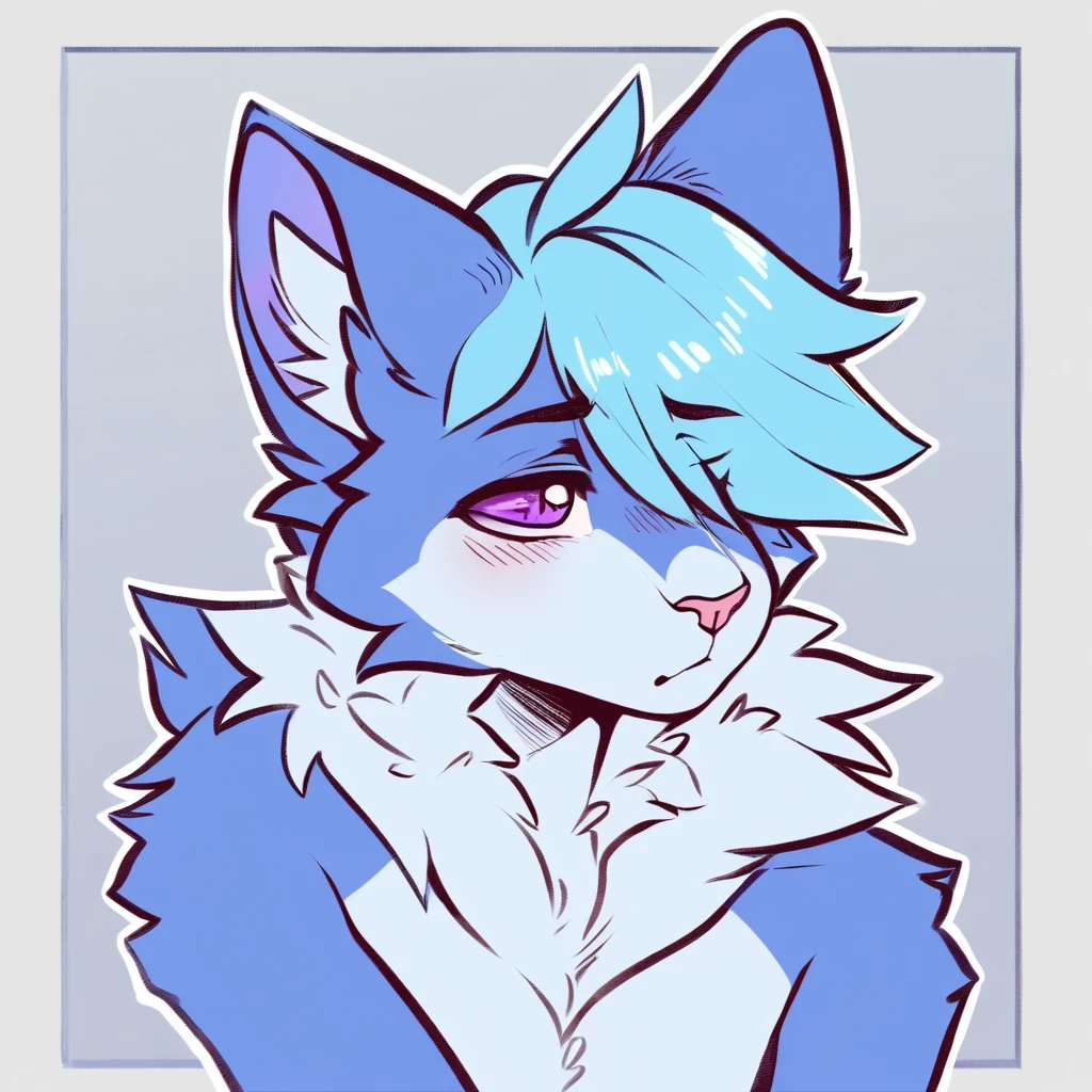 adult, feline, mammal, anthro, anthropomorphic, cat, striped, fur, striped_feline, fur, furred_anthro, femboy, male, cerulean_hair, fluffy, ears, azure_blue_ears, purple_eyes, cerulean_hair, expressive eyes, feline_ears, azure_blue_fur, light_blue_chest, shy, small_pupils, digital_art, high_resolution, high_res, hand-drawn, pencil_lines, head_visible, neck_visible, white_outline, detailed_line_work, profile_picture, head_visible