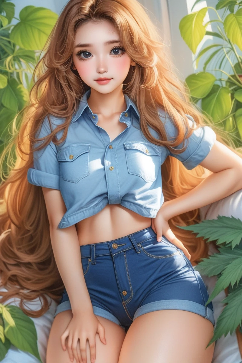 punctuation_9. punctuation_8_High above, punctuation_7_High above, punctuation_6_High above, punctuation_5_High above, punctuation_4_High above, Woman, jeans, chemise, marijuana background, russet hair, curved, thighs thighs, hypdertailed,