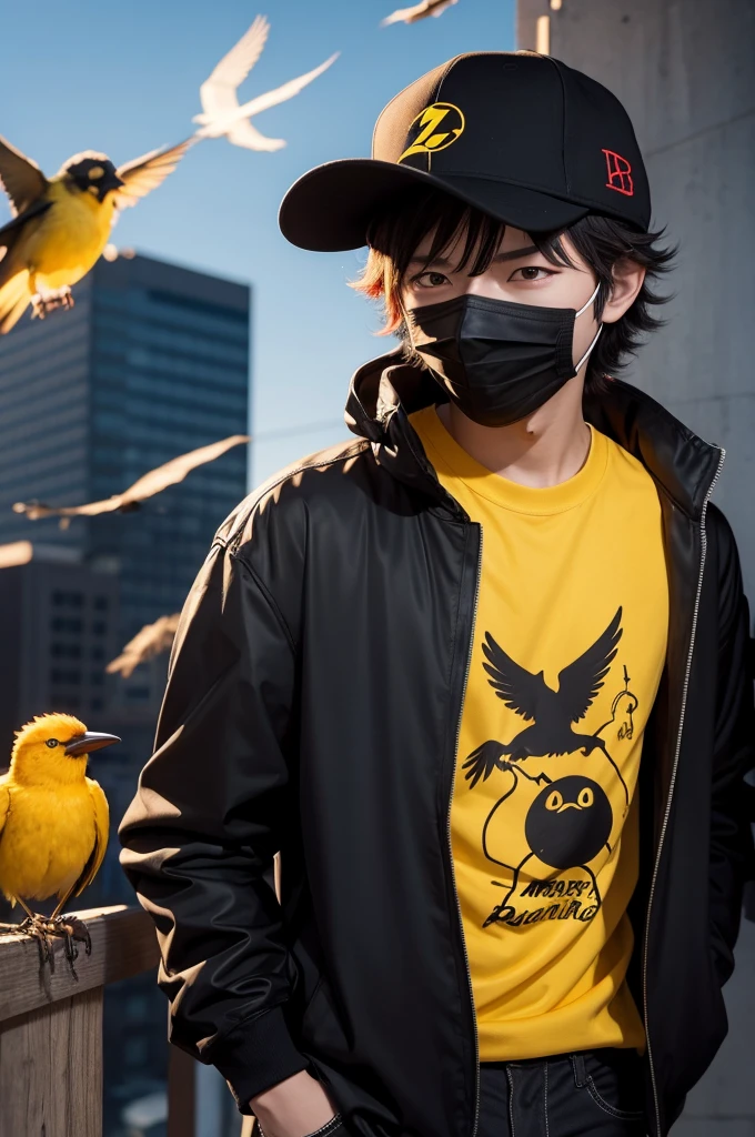 An anime boy with black mafia hat, yellow shirt with a bird and a black mask with red lightning