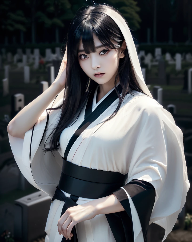 (Highest quality, 32k, High resolution, Masterpiece:1.5), marimo_jet, Ghosts wandering the cemetery at night, Evoking a sense of calm and elusive beauty, Expressing emotions, Have a rich imagination, Beautiful Japanese Girls, An exceptionally beautiful face, Small Face Beauty, , Perfect Human Anatomy, Magical big eyes, Motherhood and generosity, Deep Love, Fleeting Expression, Shiny black hair, Neat, super long, straight silk hair, Asymmetrical bangs, Hair between the eyes, Transparent, soft white skin, Sharp eyebrows, Thin lashes, Natural Makeup, ((Simple white kimono:1.6)), ((Japanese Cemetery:1.5)), ((Simple gravestone)), ((Midnight Darkness:1.7)), ((Pitch black night sky:1.5)), Professional photographer, Professional Lighting, Professional models