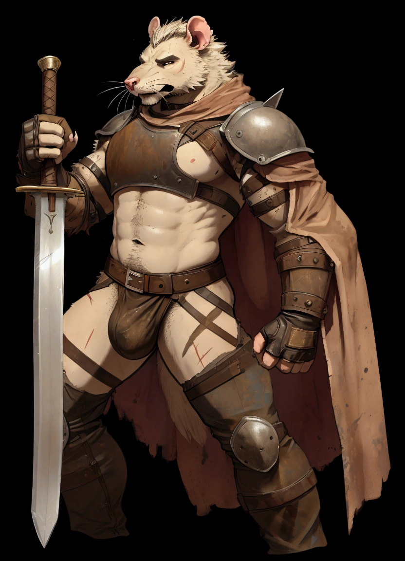 Solo Sexy young anthro furry rat male mercenary medieval solider, slim endomorph muscular, anthro handsome gay shorter muzzle, handsome gay model male apperance, sword scars, worn out leather skimpy armament, low on hips heavy leather belt, old very worn out skimpy dirty linen material jockstrap, old yellow dirty worn out stains on white sawn jockstrap, very visible "x" brown seam pattern on the jockstrap, studded skimpy armlets breastplate armor, skimpy breastplate, leather bondages, fingerless leather gloves, smelly unwashed furr, dirty body look, desert battlefield, standing in sexy fighting position, close view of full character