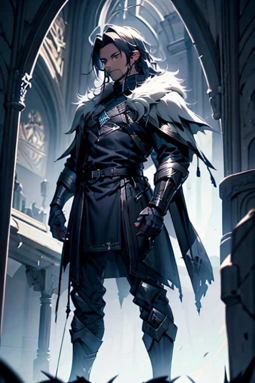 Grand inqusitor, male,dark hair, long coat with silver armor parts, standing, dark blue outfit, dark bread