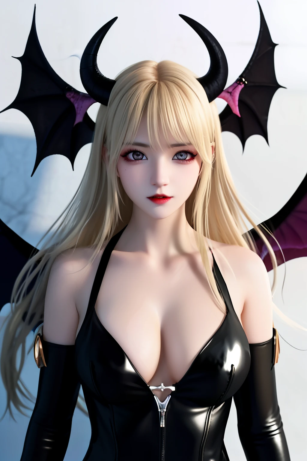 22 year old woman , Long hair blonde, no bangs, White skin, pink eyes, With horns, vampire wings, succubus clothing, sexy, apocalyptic background.
