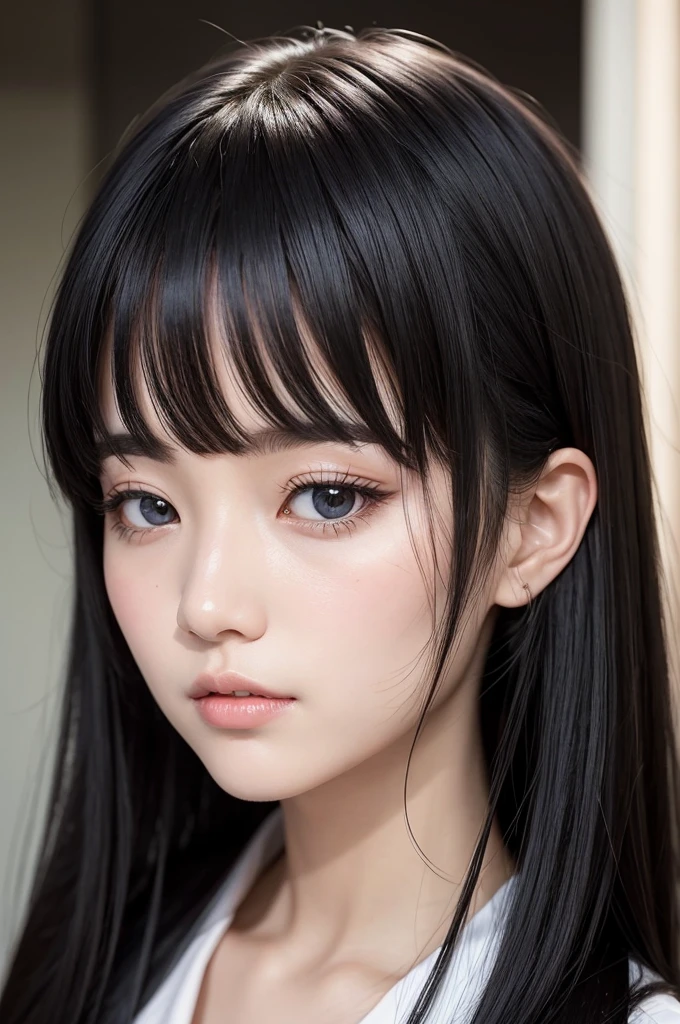 Has straight black hair, with a fringe that highlights your graceful face. Your eyes are big and expressive, reflecting your kind and empathetic personality.
